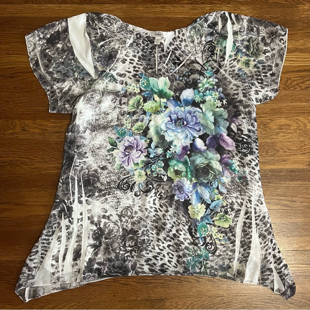 y2k dress barn 1x floral animal print top blouse handkerchief hem fairy